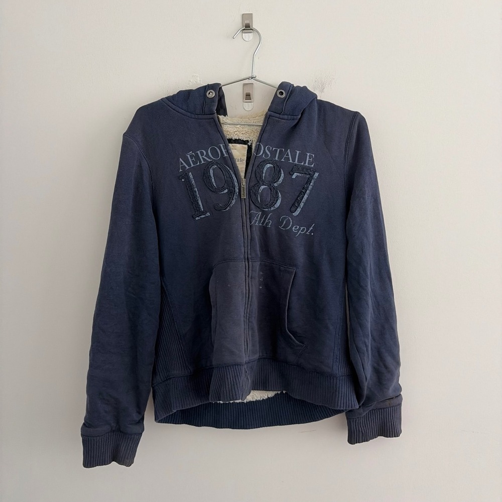 Aeropostale 1987 Ath Dept Sherpa Lined Full Zip Hoodie Navy Blue XL